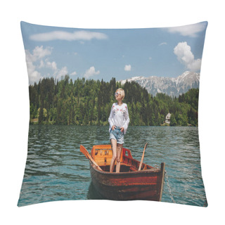 Personality  Beautiful Young Woman In Sunglasses Standing In Boat At Tranquil Mountain Lake, Bled, Slovenia Pillow Covers