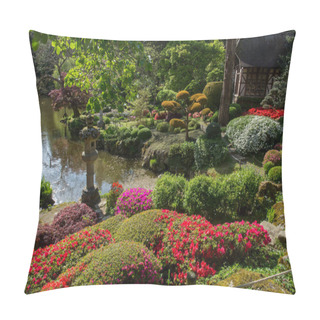 Personality  Rhododendron   Blossom  And  Topiary  Art  In Maulivrier Japanese  Garden, France Pillow Covers