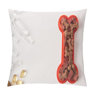 Personality  Top View Of Plastic Bone With Dog Food, Pills And Ampoules With Medical Liquid On White Surface Pillow Covers
