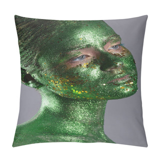 Personality  Close-up Portrait Of A Girl With Make-up From Green Sparkles, Fashion Portrait, Shining Green Skin Pillow Covers