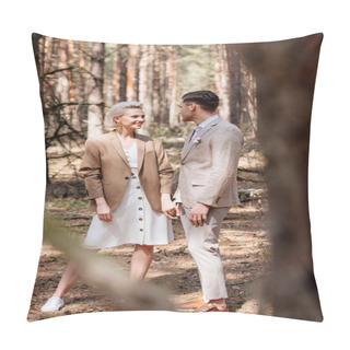 Personality  Selective Focus Of Handsome Man And Attractive Woman Holding Hands In Forest Pillow Covers