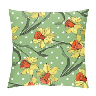Personality  Vector Narcissus Floral Botanical Flower. Yellow And Green Engraved Ink Art. Seamless Background Pattern. Pillow Covers