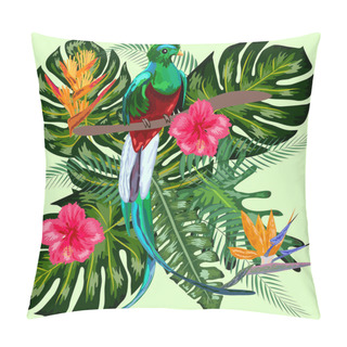 Personality  Green Tropical Bird Great Resplendent Quetzal Sitting On A Branch Against The Backdrop Of A Tropical Foliage And Flowers, Design, Rare, Endangered Species, Red Data Book, Security Pillow Covers
