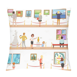 Personality  Cute Cartoon Visitors And Guide Characters In Art Museum. People Admire Paintings And Sculptures In The Gallery. Vertical Flat Banners. Vector Illustration. Pillow Covers