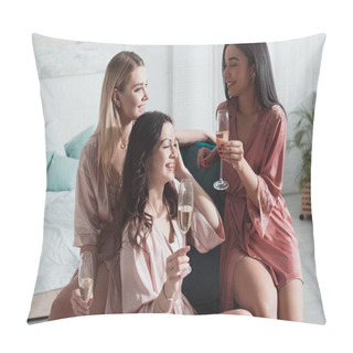 Personality  Selective Focus Of Multiethnic Women With Champagne Glasses At Bachelorette Party In Room Pillow Covers