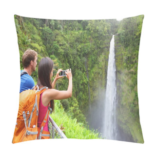 Personality  Couple Tourists On Hawaii By Waterfall Pillow Covers