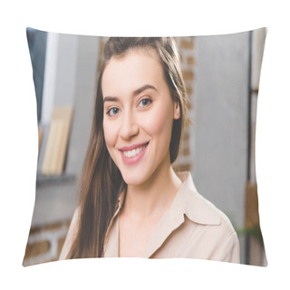 Personality  Portrait Of Beautiful Young Businesswoman Smiling At Camera Pillow Covers