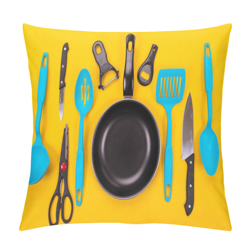 Personality  Frying pan with kitchen utensils isolated on yellow background pillow covers