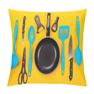 Personality  Frying Pan With Kitchen Utensils Isolated On Yellow Background Pillow Covers