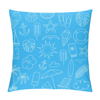 Personality  Summer Icons On Blue Background - Big Collection. Vector. Pillow Covers