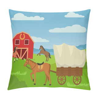 Personality  Horses At Country Animal Ranch Farm, Horse Harnessed To Cart Wagon Vector Illustration. Pillow Covers