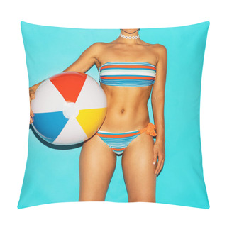 Personality  Girl In Fashionable Swimsuit And Beach Ball. Summer Trend Pillow Covers