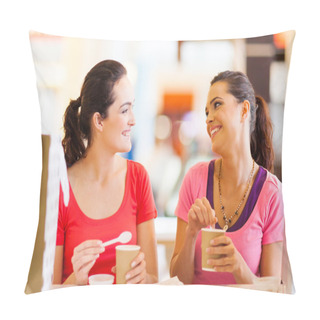 Personality  Two Happy Friends Having Drinks In Cafe Pillow Covers
