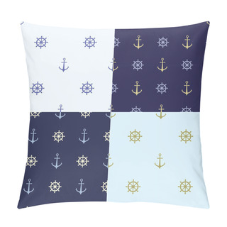 Personality  Set Of Seamless Pattern With Anchor, Ship Steering, Waves. Collection Of Sea Background, Illustration Of Ocean Marine Background. Pillow Covers