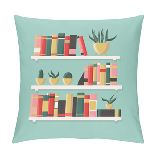 Personality  White Bookshelf With Books And Plants. Element Of Home Interior Design. Modern Interior. Shelves Full Of Boks. Vector Illustration Isolated On A Light Blue Background.  Pillow Covers