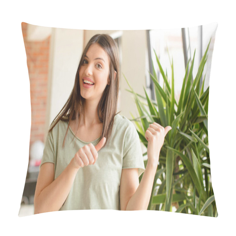 Personality  Pretty Woman Smiling Cheerfully And Casually Pointing To Copy Space On The Side, Feeling Happy And Satisfied Pillow Covers