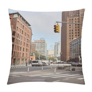 Personality  Traffic Lights Over Pedestrian Crossing Near Roadway With Moving Vehicles, New York Urban Scene Pillow Covers