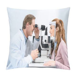 Personality  Side View Of Ophthalmologist Examining Patient Vision With Slit Lamp In Clinic Pillow Covers