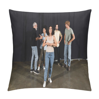 Personality  Smiling Multiracial Woman Rehearsing Near Actors And Art Director Talking On Stage In Theater  Pillow Covers