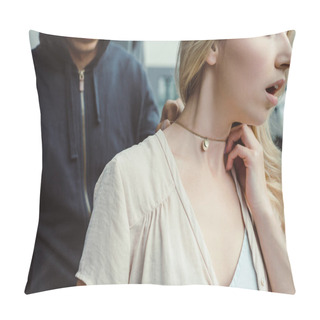 Personality  Cropped View Of Robber Attacking Woman And Stealing Pendant On Street Pillow Covers