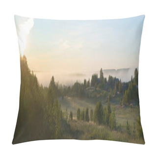 Personality  Beautiful Panorama Of A Rural Place With Dawn And Fog Pillow Covers