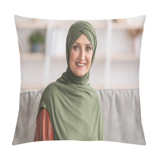 Personality  Portrait Of Happy Mature Middle-Eastern Woman Wearing Hijab At Home Pillow Covers