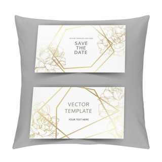 Personality  Vector. Golden Rose Flowers On Cards. Wedding Cards With Golden Borders. Thank You, Rsvp, Invitation Elegant Cards Illustration Graphic Set. Engraved Ink Art. Pillow Covers