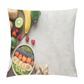 Personality  Top View Of Smoothie Bowl With Fresh Fruits And Nuts On Grey Background Pillow Covers