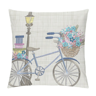 Personality  Bicycle Embroidery With Blue Flower  Pillow Covers
