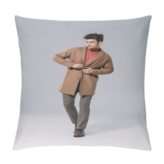 Personality  Fashionable Man Posing In Beige Autumn Coat On Grey Pillow Covers