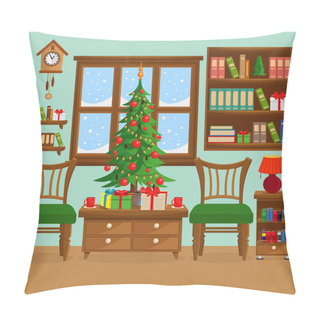 Personality  Vector Illustration Of A Christmas Room With A Christmas Tree, Furniture, A Window And A Cozy Holiday Atmosphere. Pillow Covers