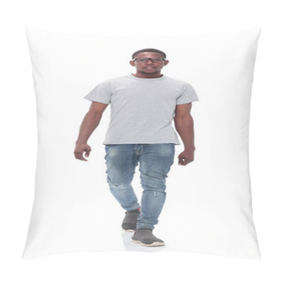 Personality  Confident Guy Moves Forward. Isolated On White Pillow Covers