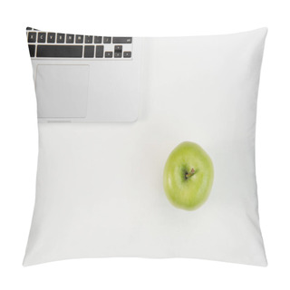 Personality  Top View Of Open Laptop And Fresh Green Apple Isolated On Grey Background Pillow Covers