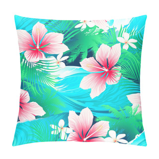 Personality  Tropical White Hibiscus Flowers With Green Leaves Seamless Patte Pillow Covers