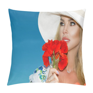 Personality  Beautiful Blonde With Long Hair And A Hat, Standing On A Meadow Of Red Poppies Pillow Covers