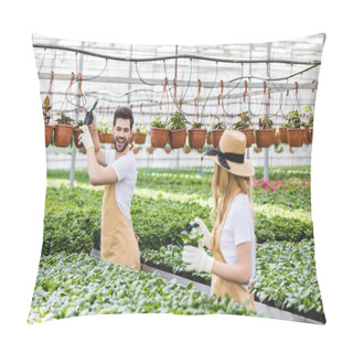 Personality  Gardeners Wearing Protective Gloves And Planting Flowers In Glasshouse Pillow Covers