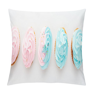 Personality  Panoramic Shot Of Tasty Colorful Cupcakes With Sprinkles Isolated On White Pillow Covers