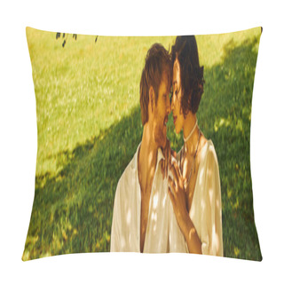 Personality  Rural Wedding Concept, Interracial Just Married Couple Sitting Under Tree, Horizontal Banner Pillow Covers