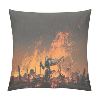 Personality  Knight With The Magic Sword Sitting On The Fire, Digital Art Style, Illustration Painting Pillow Covers