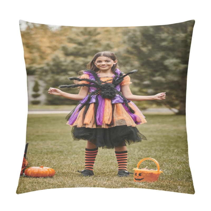 Personality  Happy Girl In Halloween Costume With Spider Standing Near Pumpkin, Pointed Hat And Candy Bucket Pillow Covers