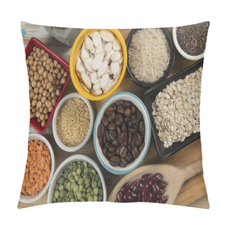 Personality  Different Types Of Legumes In Bowls, Green And Yellow Peas, Chickpeas, Colored Beans And Lentils, Beans, Top View Pillow Covers