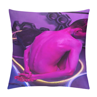 Personality  Back View Of Unidentified Alien, Cosmic Traveler Sitting In Neon Light Of Science Laboratory Pillow Covers