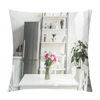 Personality  Interior Of Modern Light Kitchen With Bouquet Of Tulips On Table Pillow Covers