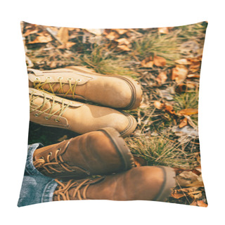 Personality  Top View On Two Pairs Of Orange Boots In Beautiful Foliage In Autumn  Pillow Covers