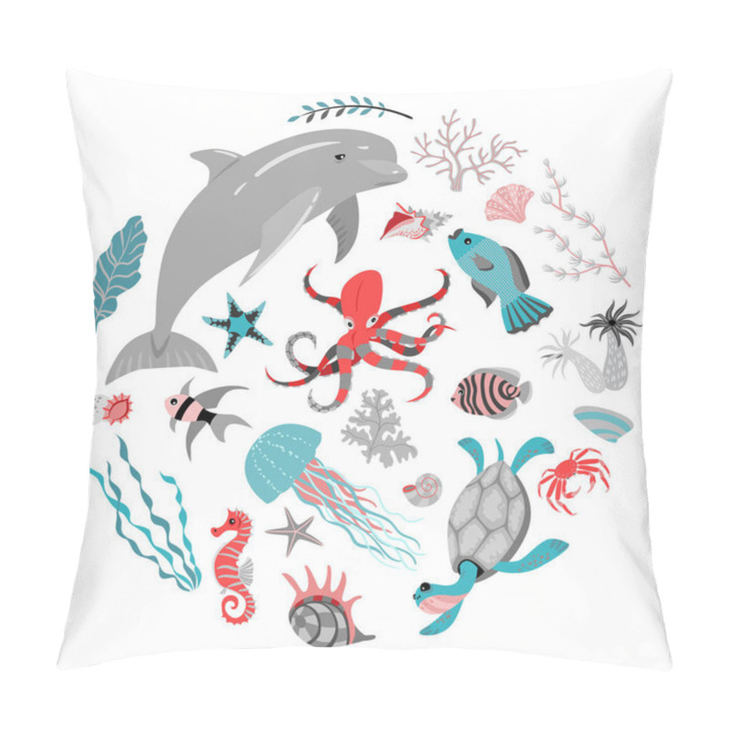 Personality  Set of vector illustrations of fish, animal, seaweed and corals.  Sea life. pillow covers