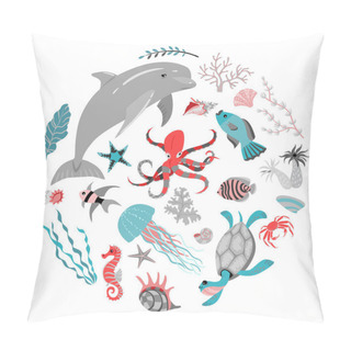 Personality  Set Of Vector Illustrations Of Fish, Animal, Seaweed And Corals.  Sea Life. Pillow Covers