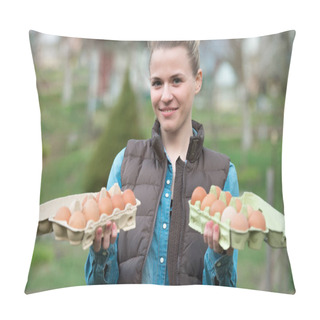 Personality  Smiling Young Woman Holding Fresh Chicken Eggs In Hands Outdoors Pillow Covers