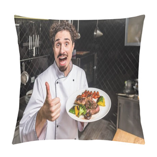 Personality  Screaming Smiling Chef Showing Thumb Up And Holding Cooked Vegetables With Meat  Pillow Covers