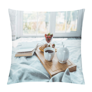 Personality  Appetizing Breakfast And Open Book On Bed In Bedroom Pillow Covers