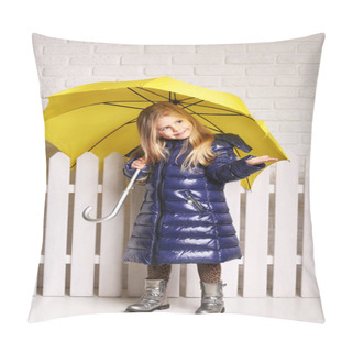 Personality  Kid With Umbrella Near The Fence. Close Up. White Background Pillow Covers